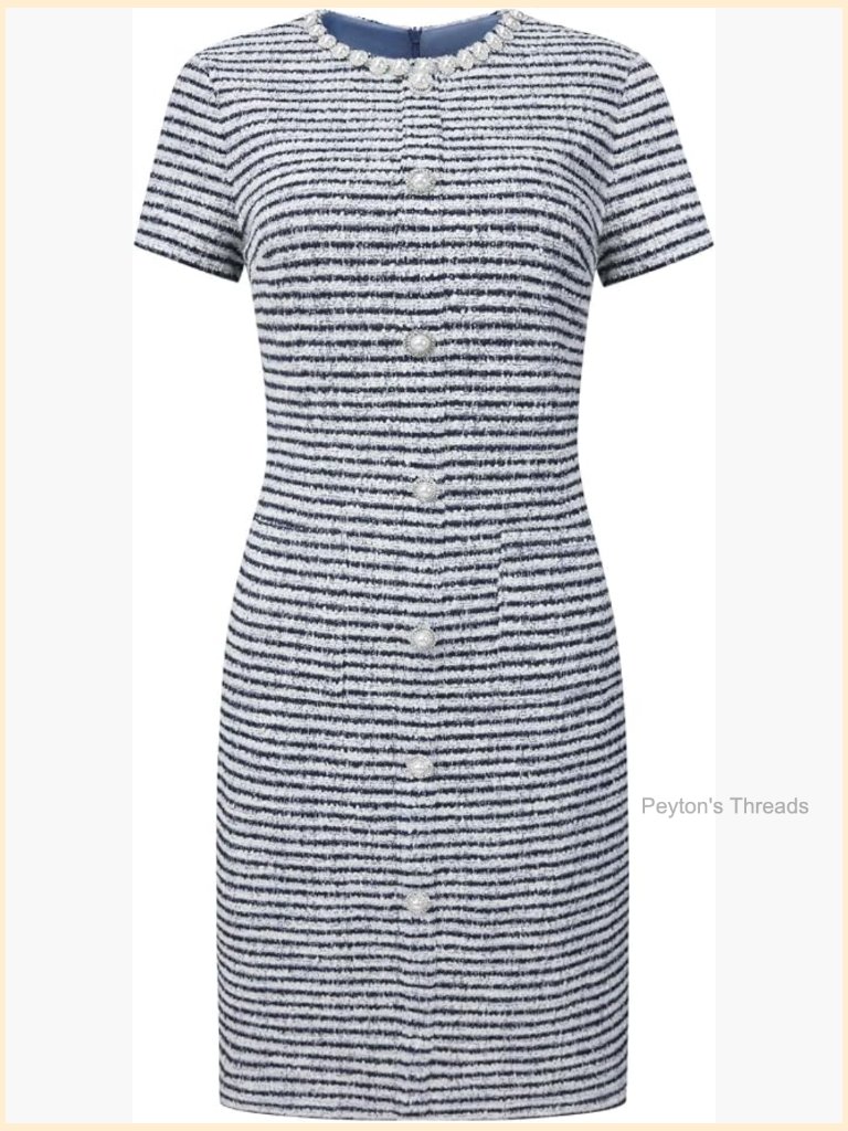 Pearl Beaded Tweed Sheath Dress With Crew Neck And Short Sleeves